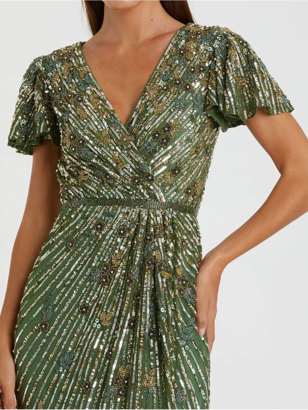 Mac Duggal NWT Sage Green Beaded Sequin Cocktail Midi Dress Size 10